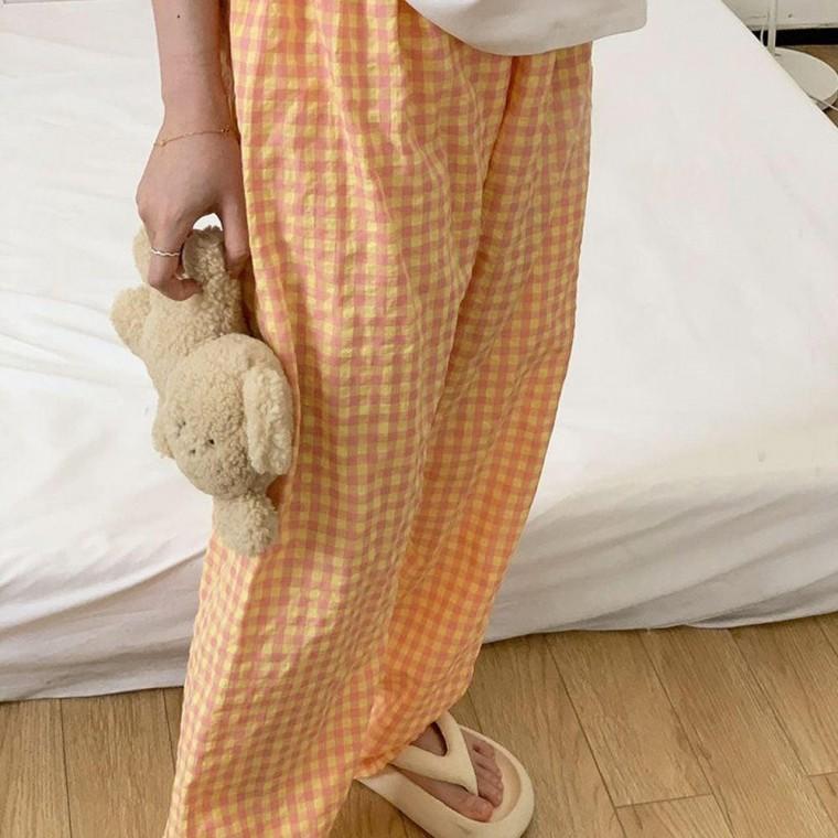 여성 홈웨어 실내복 체크 바지 잠옷 파자마 오렌지 여자 예쁜 집에서입는옷 팬츠 파티