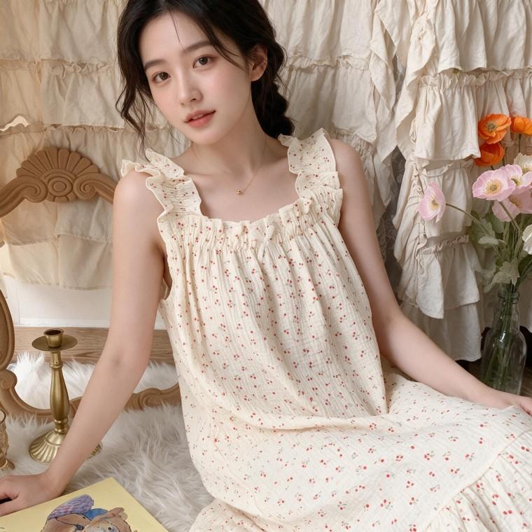 여성 홈웨어 체리 패턴 잠옷 실내복 원피스 홈파티웨어 여름 실내의 파자마