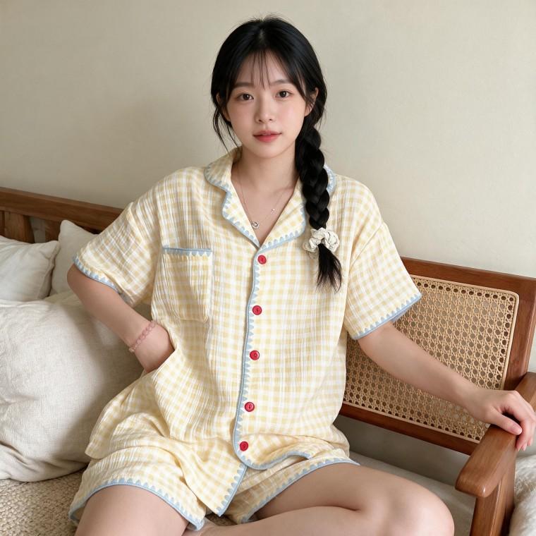 레몬 체크 투피스 파자마 홈웨어 잠옷 봄 여름 가을 실내복 파티