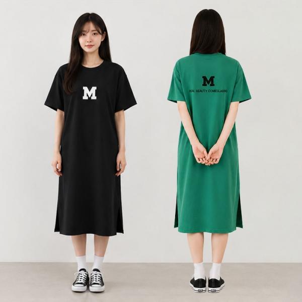 여성 알파벳 M 깔끔한 롱 반팔 원피스 BM-452