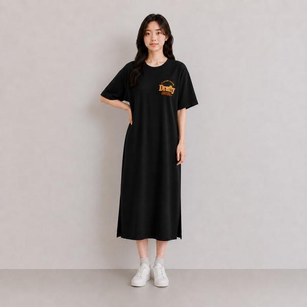 여성 빈티지 데일리 심플 롱 반팔 원피스 BM-453