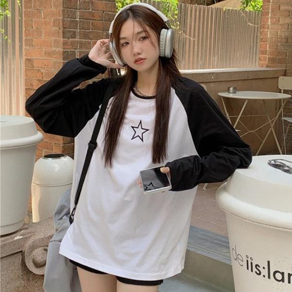 귀여운 별 자수 루즈핏 별 자수 배색 티셔츠 SD-554