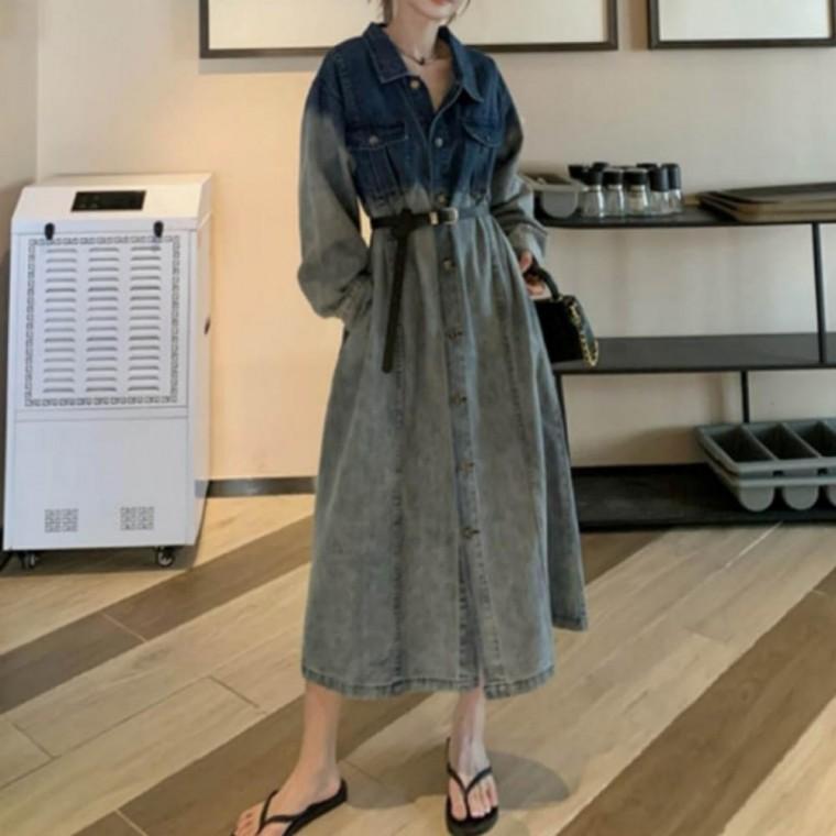 여성 투톤 워싱 벨트 셔츠형 드레스 빈티지 데님 원피스