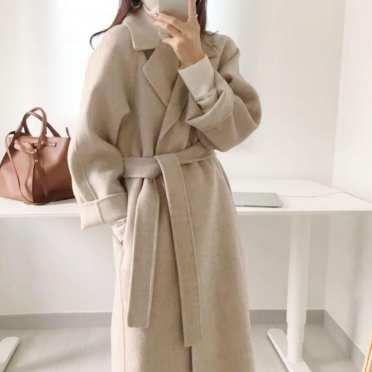 겨울 여자 클래식 롱 허리끈 코트 더블카라 모직