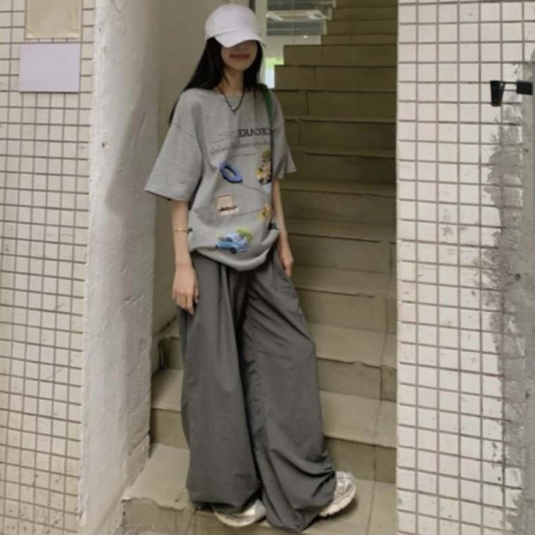 여성 오버핏 프린팅 반팔 트레이닝 와이드 팬츠 세트
