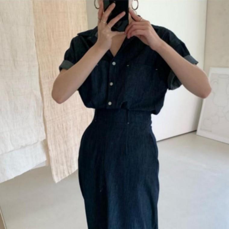 여성 여름 캐주얼 데님 셋업 반팔 롱스커트 청치마 세트