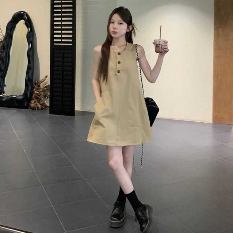 A라인원피스 라운드넥 미니 버튼원피스 버튼 원피스 나시원피스 여성