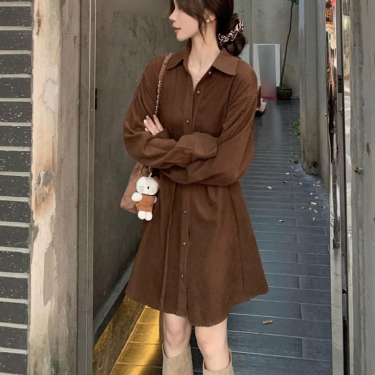 미디 여성 원피스 셔츠 스트링 버클 코듀로이