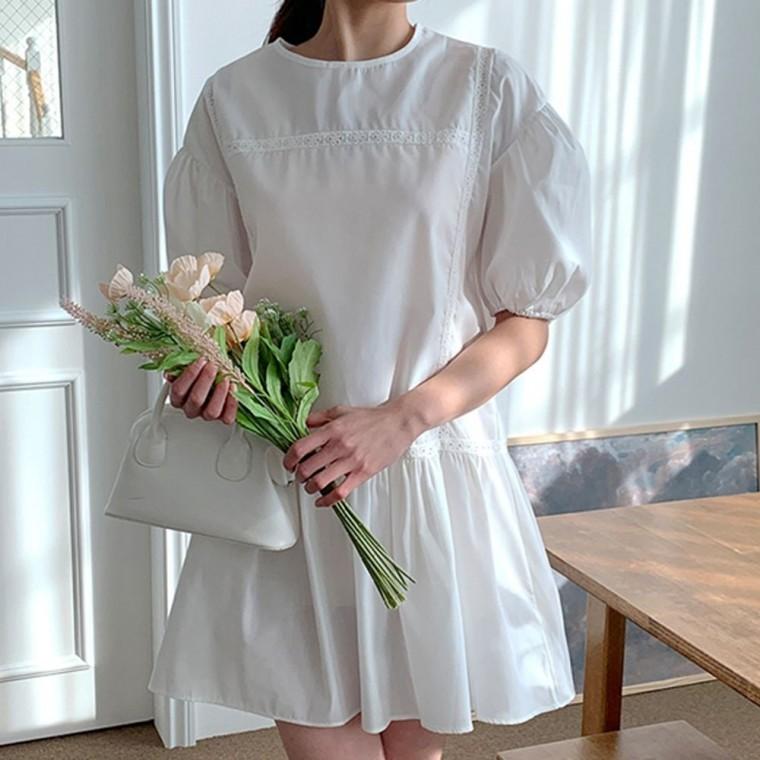 반팔 루즈핏미니원피스 펀칭라인포인트원피스 캐주얼 라운드미니원피스
