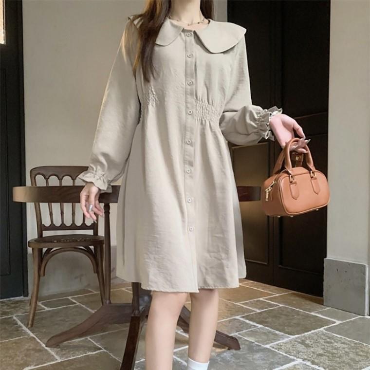 긴팔원피스 카라원피스 빅카라 데일리 원피스 무지원피스 여성 스모크밴딩