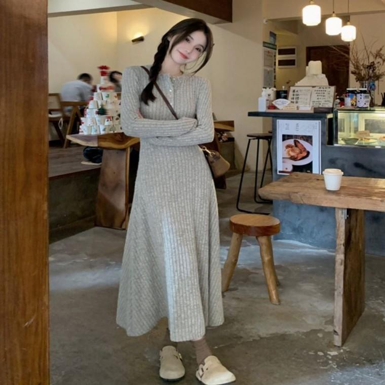 라운드넥 긴팔 슬림 플레어 A라인원피스 니트 롱 원피스 골지원피스