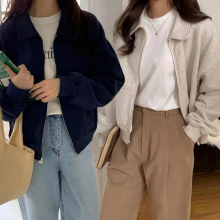 여성 캐주얼 루즈핏 세미 크롭 가디건 카라 집업 자켓