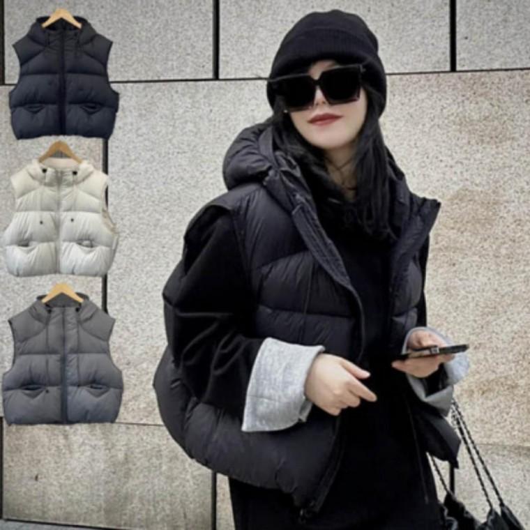 여성 아우터 후드 쪼끼 루즈핏 패딩조끼 숏 레이어드 크롭기장