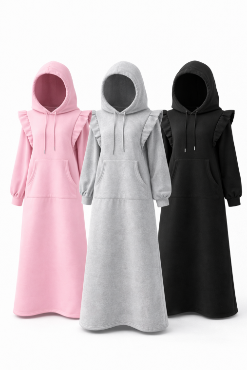 겨울 어깨프릴 일자 H라인 앞포켓 오버 루즈핏 빅사이즈 기모 후드 롱원피스