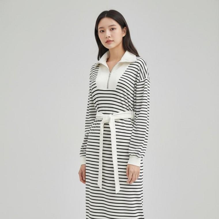 단가라 스트라이프 레이온 반집업 허리끈 캐주얼 루즈핏 롱원피스 빅사이즈
