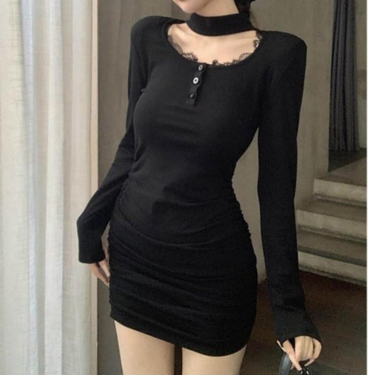원피스 여성 라운드 레이스 단추 셔링 긴팔