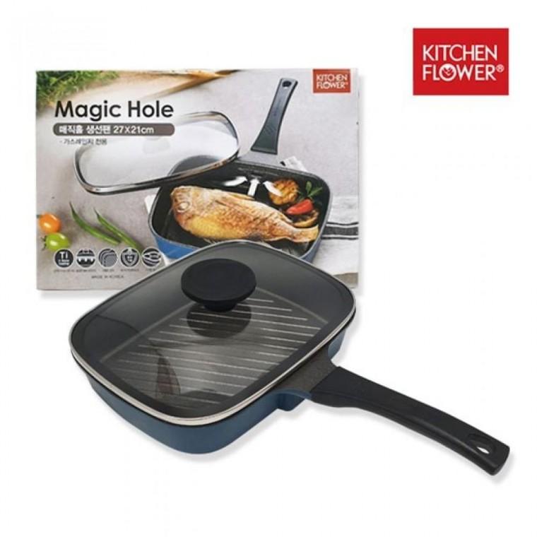 KITCHEN FLOWER 매직홀 스테이크 생선구이팬 21cm 그릴팬 냄새 연기없는