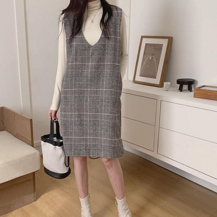 체크 브이넥 민소매 원피스 데일리 캐주얼 셔츠원피스 하객룩 결혼식하객