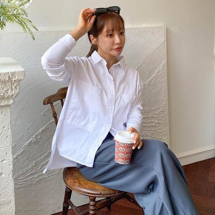 카라넥 포켓 온나핏 빅 언발 오버핏 셔츠 더블 유미나 프릴블라우스 반팔블라
