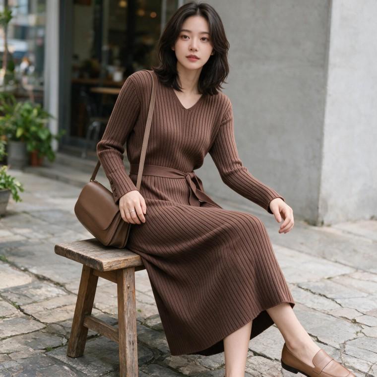 여성 슬림핏 브이넥 롱 원피스 겨울 니트 치마 하객룩 데이트룩 오피스룩 출근룩