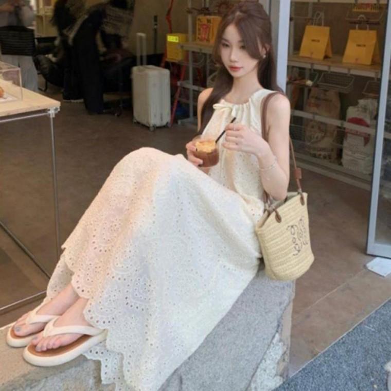 여자롱원피스 레이스 자수원피스 민소매 롱원피스 스트링 롱 클릭유도 우아한무드 펀칭 데이트룩 리본 여성
