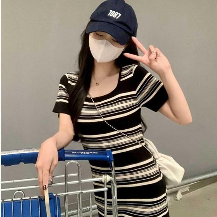 여행 패션 바캉스 원피스 스트라이프 반팔 롱 드레스