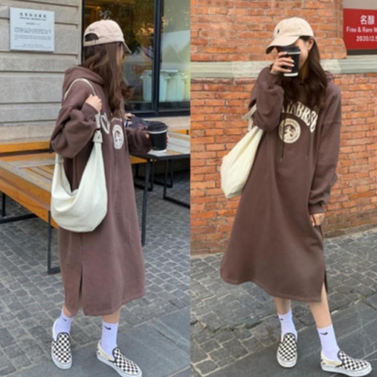 여성 겨울 기모 루즈핏 긴팔 캐주얼 후드 롱 원피스