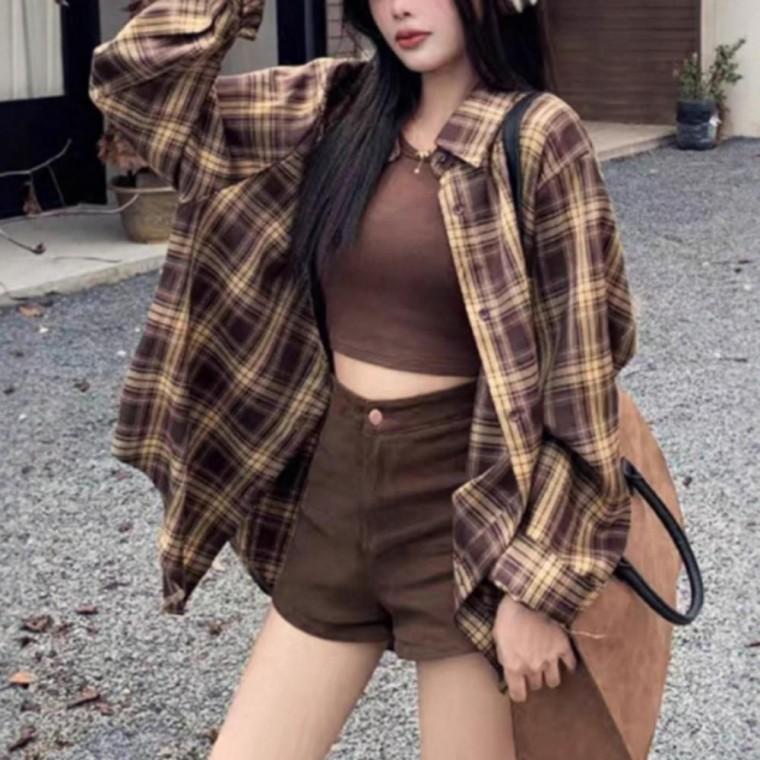 여성 빈티지 오버핏 긴팔 남방 가을 루즈핏 체크셔츠