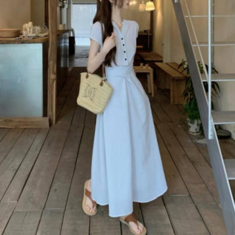 브이넥 허리 랩 스트라이프 원피스 여성 롱 원피스 랩 치마