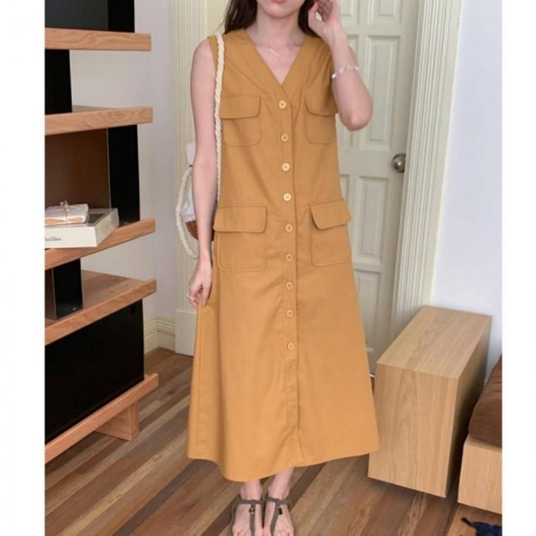 민소매 브이넥 포켓 셔츠 원피스 여성 롱 원피스 민소매 치마
