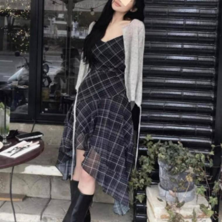 잔잔 체크 슬림 실루엣 언발란스 뷔스티에 원피스 여성패션