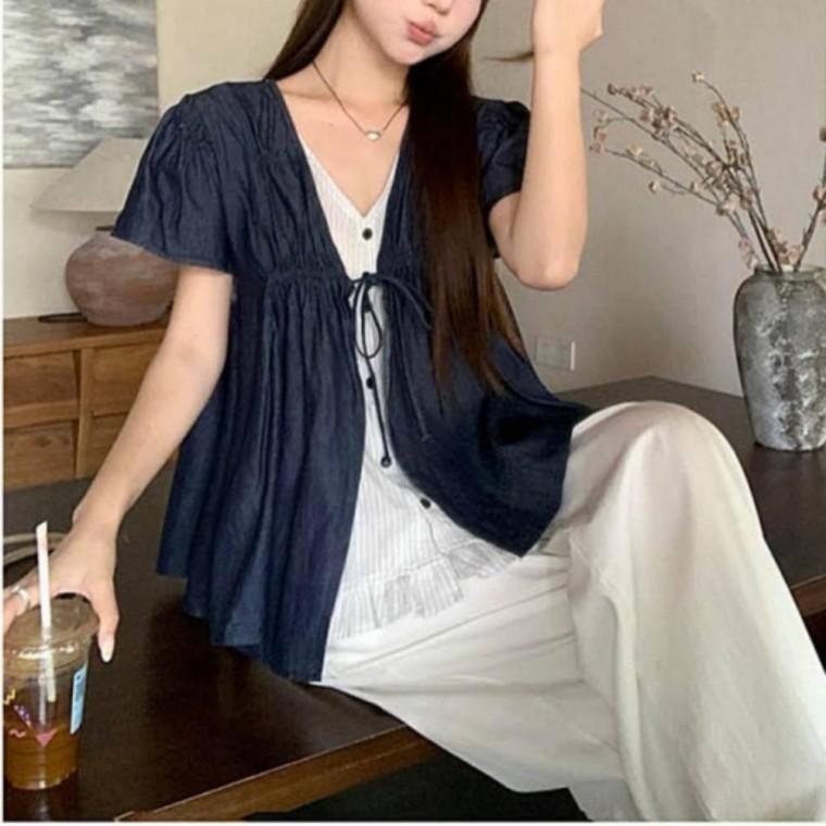 여성 프릴 레이어드 데님 밴딩 여름 블라우스 여성패션 여자옷