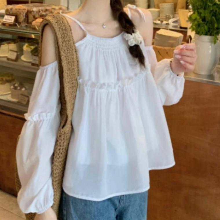 어깨 오프숄더 밴딩 쉬폰 프릴 끈 블라우스 여성 시원한 여름 포인트 상의 코디