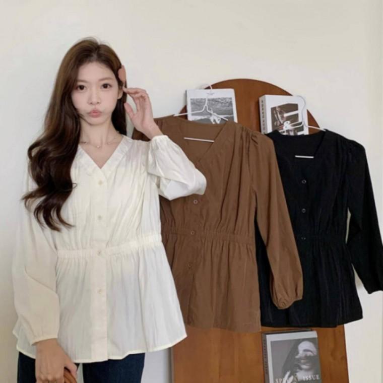 브이넥 허리밴딩 긴팔 블라우스 봄 가을 간절기 여성 포인트 상의 세련된 핏