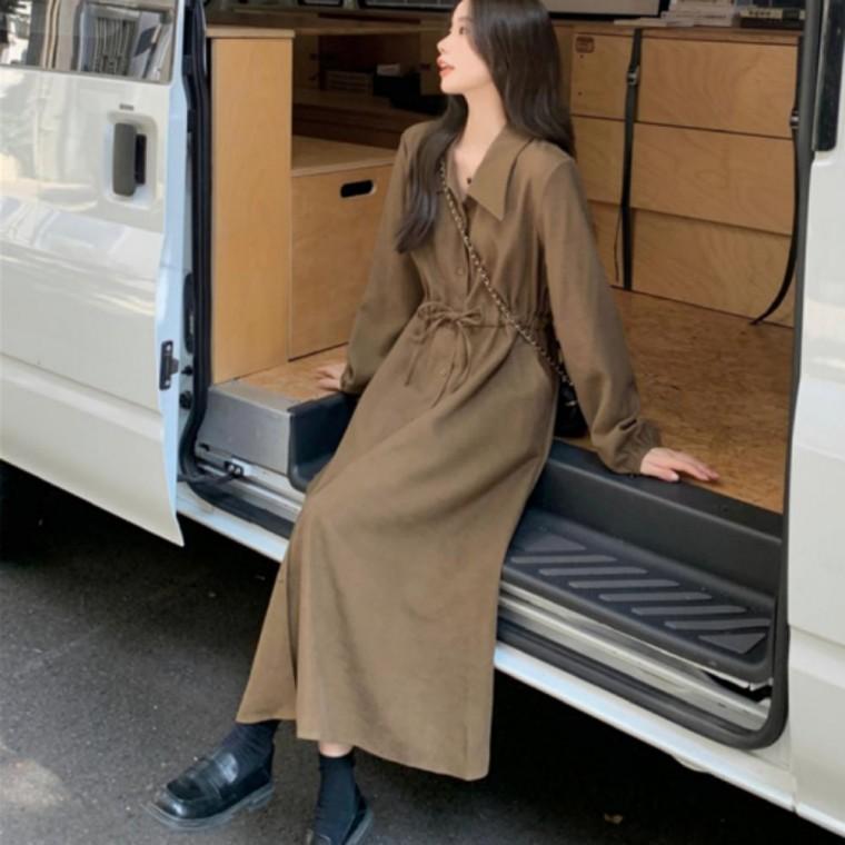 여성 긴팔 빅카라 하객룩 허리 스트링 버튼 롱 원피스