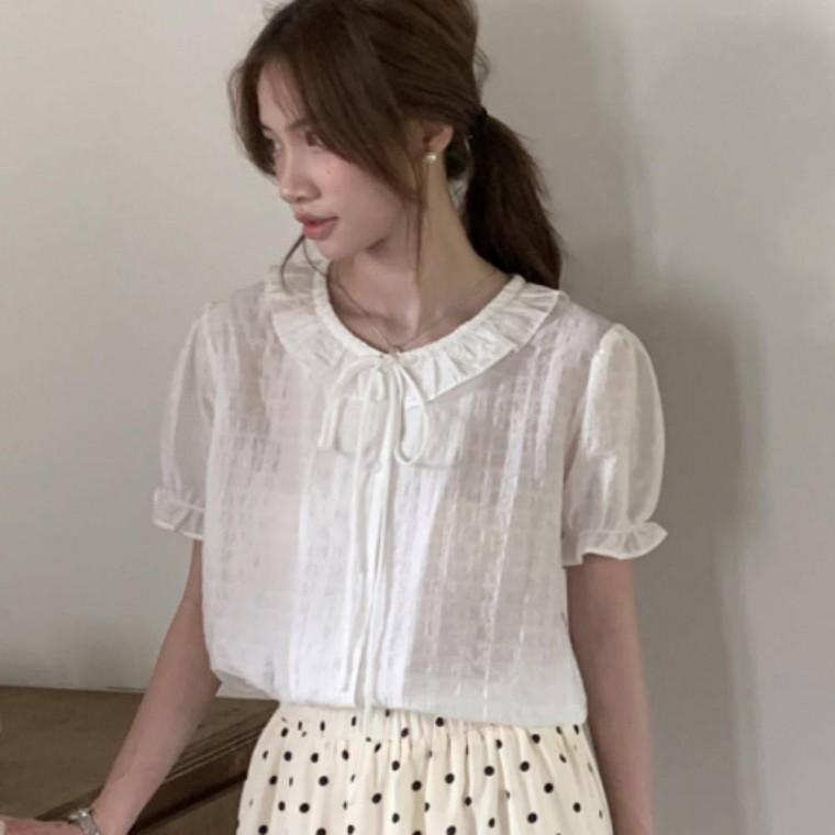 여리한 프릴 카라 리본 블라우스 청순한 포인트 데일리 상의