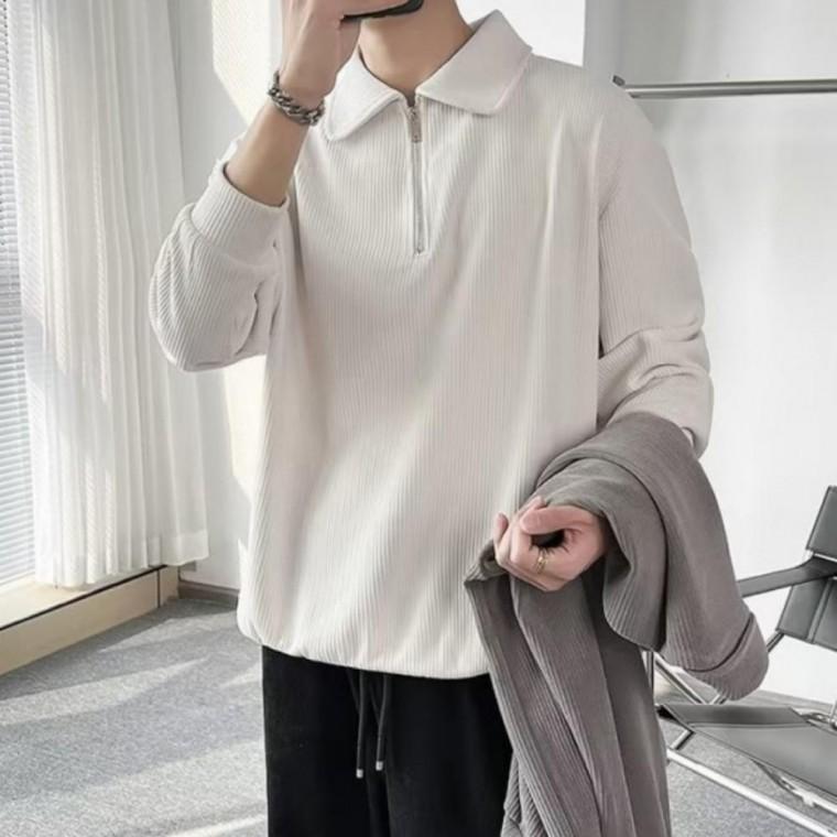 골지 플 원단 카라 반집업 오버핏 남성 긴팔 맨투맨 티셔츠