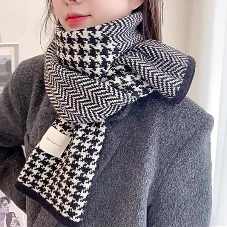 더블 패턴 머플러 목돌이 중학생 목도리 발열 슬림 짧은 숏 커플 쁘띠 하운드체크 헤링본 미니 니트 스카프