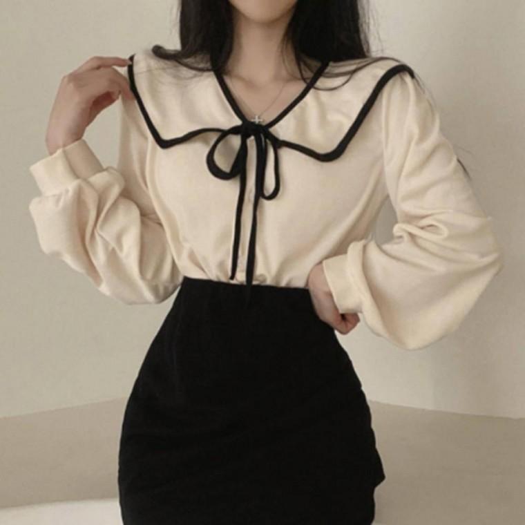 세일러카라 귀여운 리본 스트랩 블라우스 여성 포인트 상의 세일러 넥 셔츠 나들이