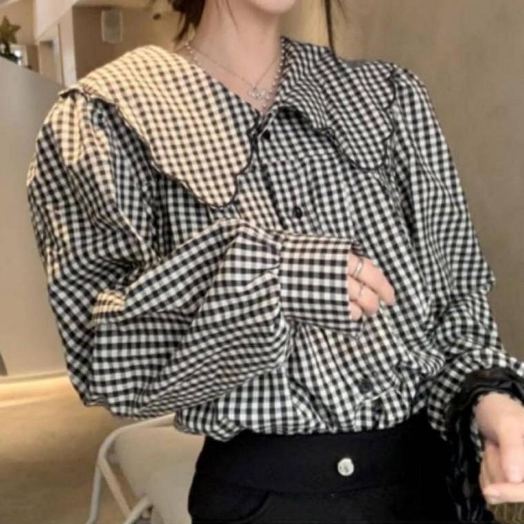 러블리 빅카라 체크 블라우스 루즈핏 셔츠 여성 포인트 상의 귀여운 데일리 룩