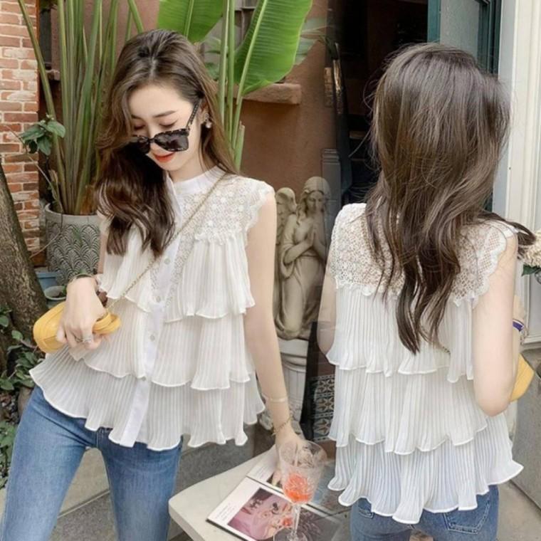 민소매 쉬폰 레이스 블라우스 여성 여름 시원한 포인트 상의 페미닌 데일리 코디
