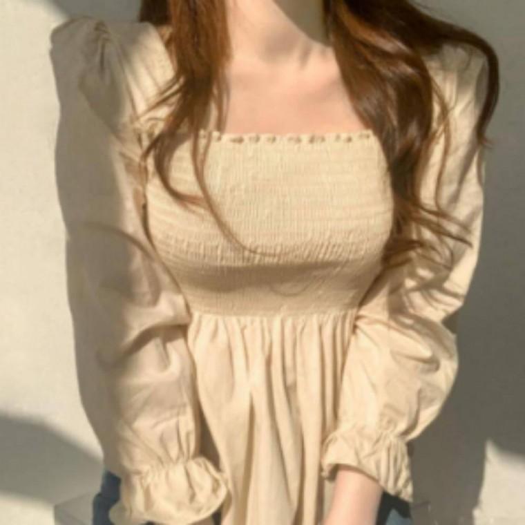 퍼프 소매 밴딩 프릴 스모크 블라우스 러블리한 가을 상의