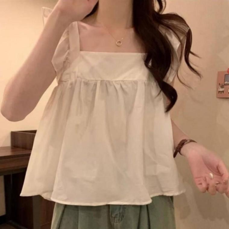 프릴 리본 스퀘어 블라우스 러블리한 무드 데일리 포인트 상의