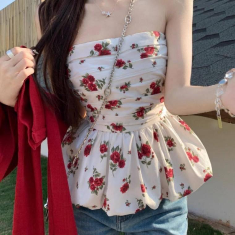 여름 꽃무늬 스모크 밴딩 플레어 블라우스 예쁜 플라워 패턴 시원한 포인트 상의