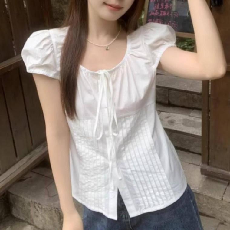 러블리 리본 스트랩 핀턱 썸머 블라우스 셔츠 여성 여름 포인트 상의 시원한 코디