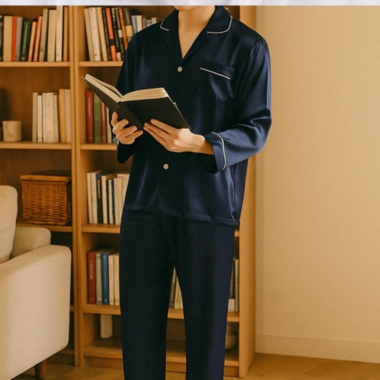 남성 실크 감촉 파자마 상하 세트 부드러운 새틴 단추형 카라 홈웨어 라운지웨어 잠옷