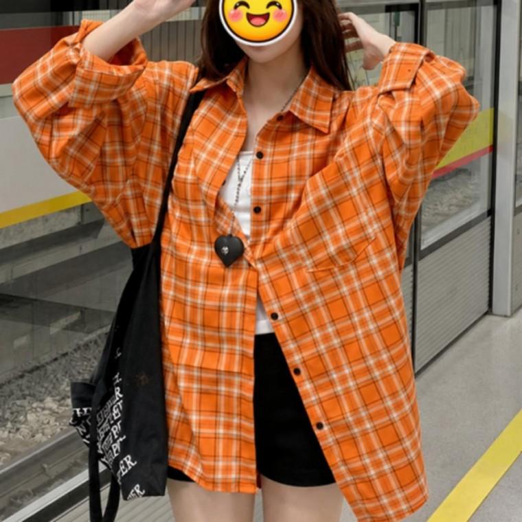 여성 오렌지 체크셔츠 긴팔 남방 블라우스 여유핏 데일리 봄가을 캐주얼 루즈핏