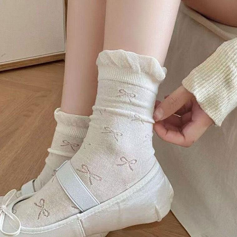 여자 신상 여름 리본 펀칭 벌룬 중목 양말 5개 긴양말 여자양말