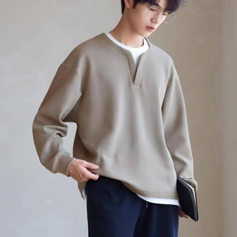 페이크 라운드 V넥 루즈핏 스웨트셔츠 데일리 남성 긴팔티 레이어드맨투맨