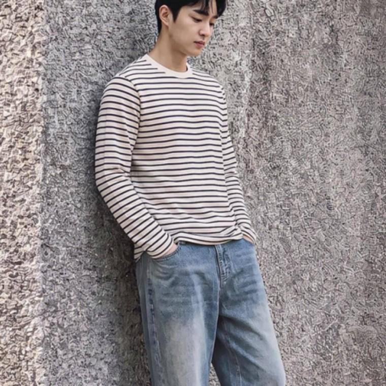 캐주얼 단가라 스트라이프 상의 긴팔티셔츠 남성 면 데일리